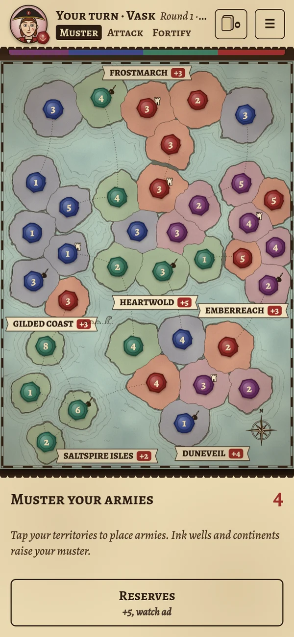 The Ink & Empire world map at the start of your turn