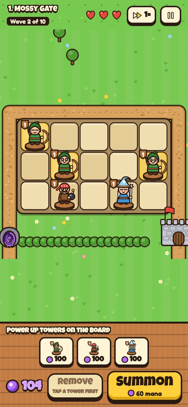 A Merge Ramparts battle, with archers and a wizard defending the castle